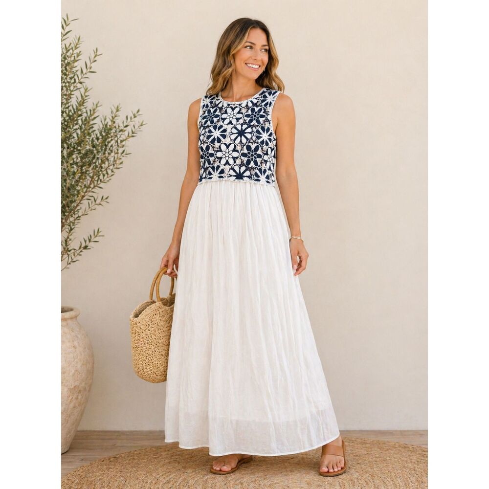 Kings Road White Navy Floral Knit Maxi Dress XL Sleeveless Cotton NWT